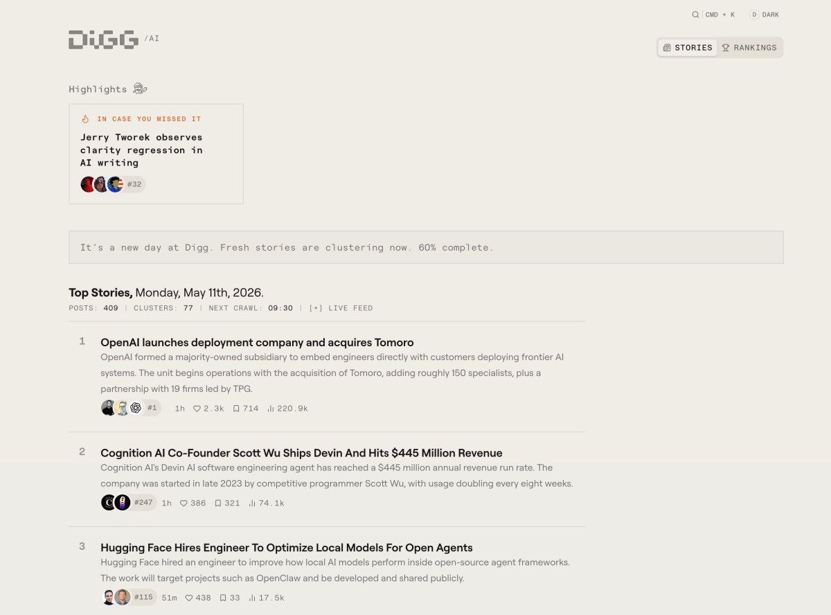 Digg Revive com Foco em Agregação de Notícias de IA